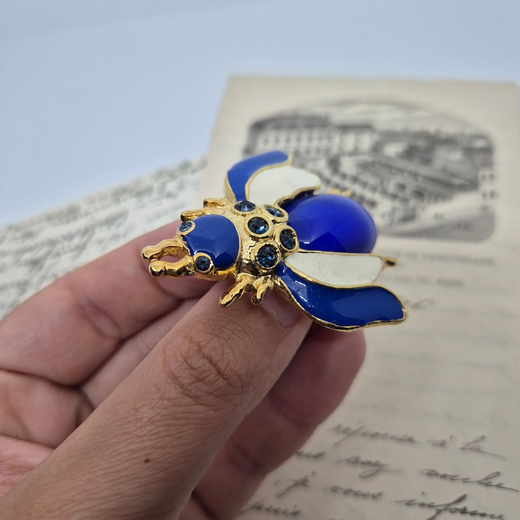 50er Jahre Vintage Brosche großer Käfer Biene Blau weiß Gold Strass 5cm