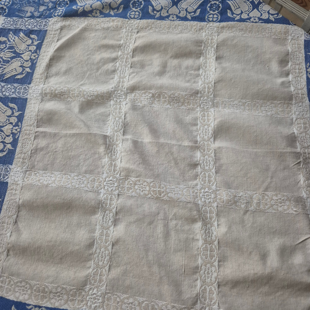 Antikes Jugendstil blau weißes Leinen Tuch Tischdecke Tauben Liebe 93x93cm