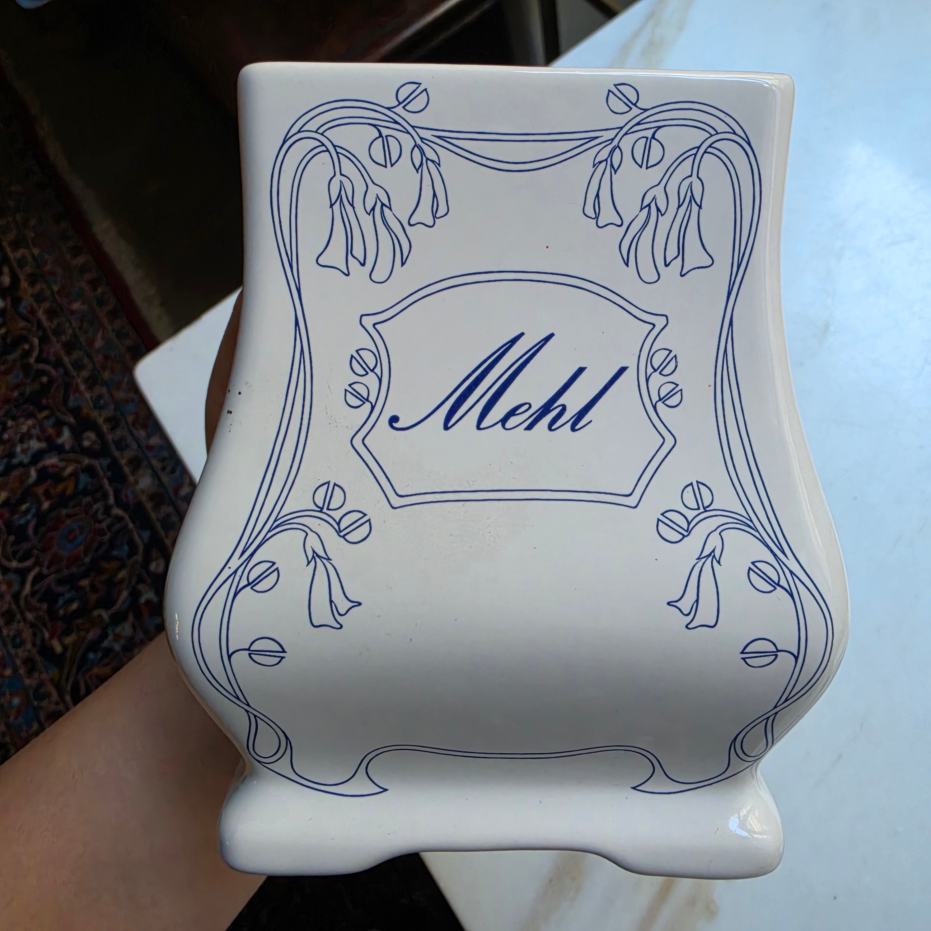 Alte Vorratsdose Biedermeier Stil Mehl weiß blau Porzellan