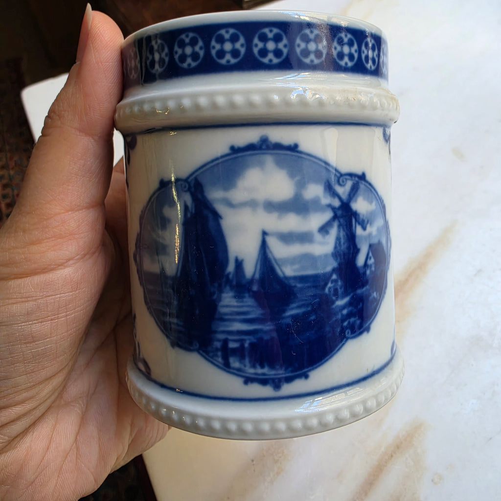 Alte Porzellan Deckeldose Echt Kobalt Fine China Lichte Schiffsmotiv Mühle Hafen