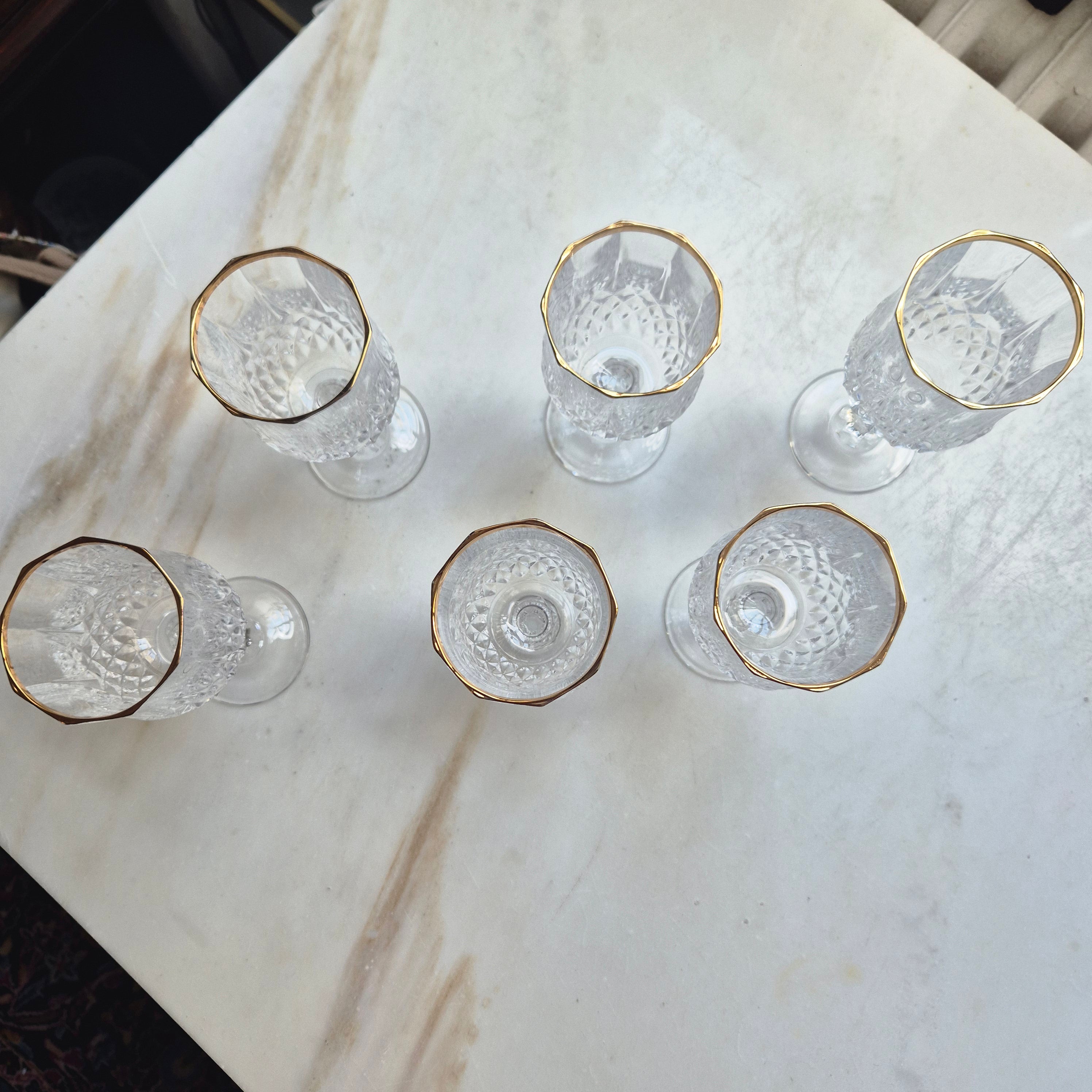 6x Vintage Bleikristall Weingläser mit Goldrand
