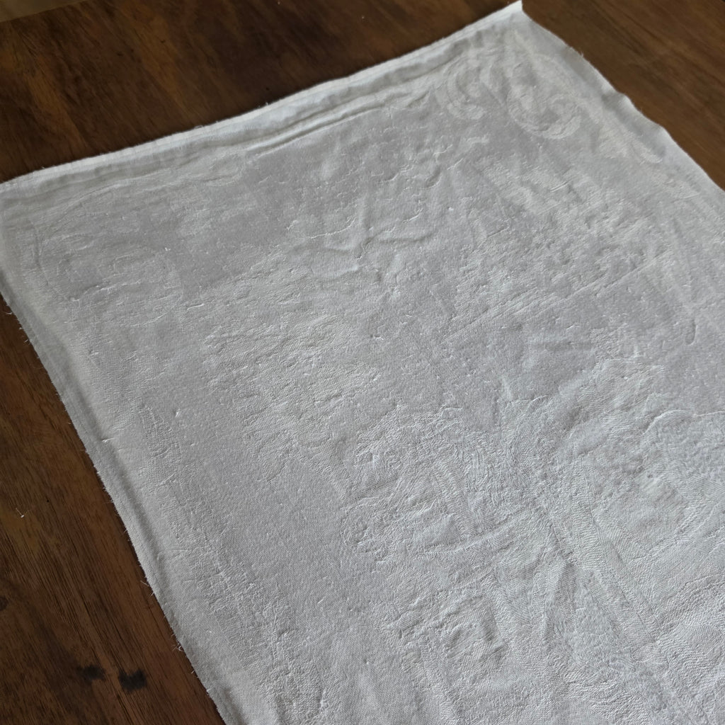 Antikes Jugendstil Küchen- & Geschirrtuch mit Spruch: Denke Edel, handle hülfreich! cremeweiß Damast Baumwolle 47x90cm Monogramm M.N