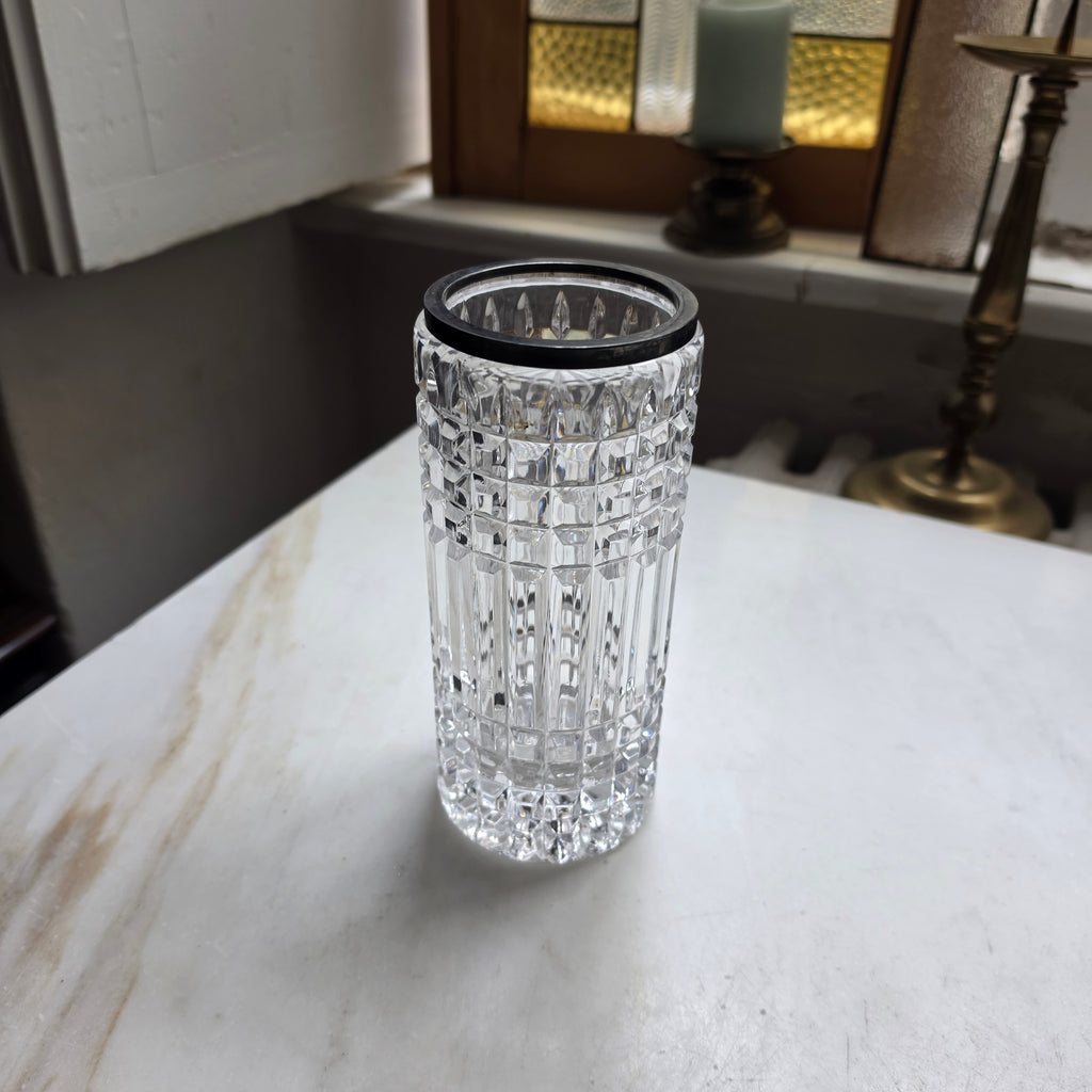 Vintage Kristallvase mit gestempeltem 925 Sterling Silber Rand – Facettenschliff – Top Zustand