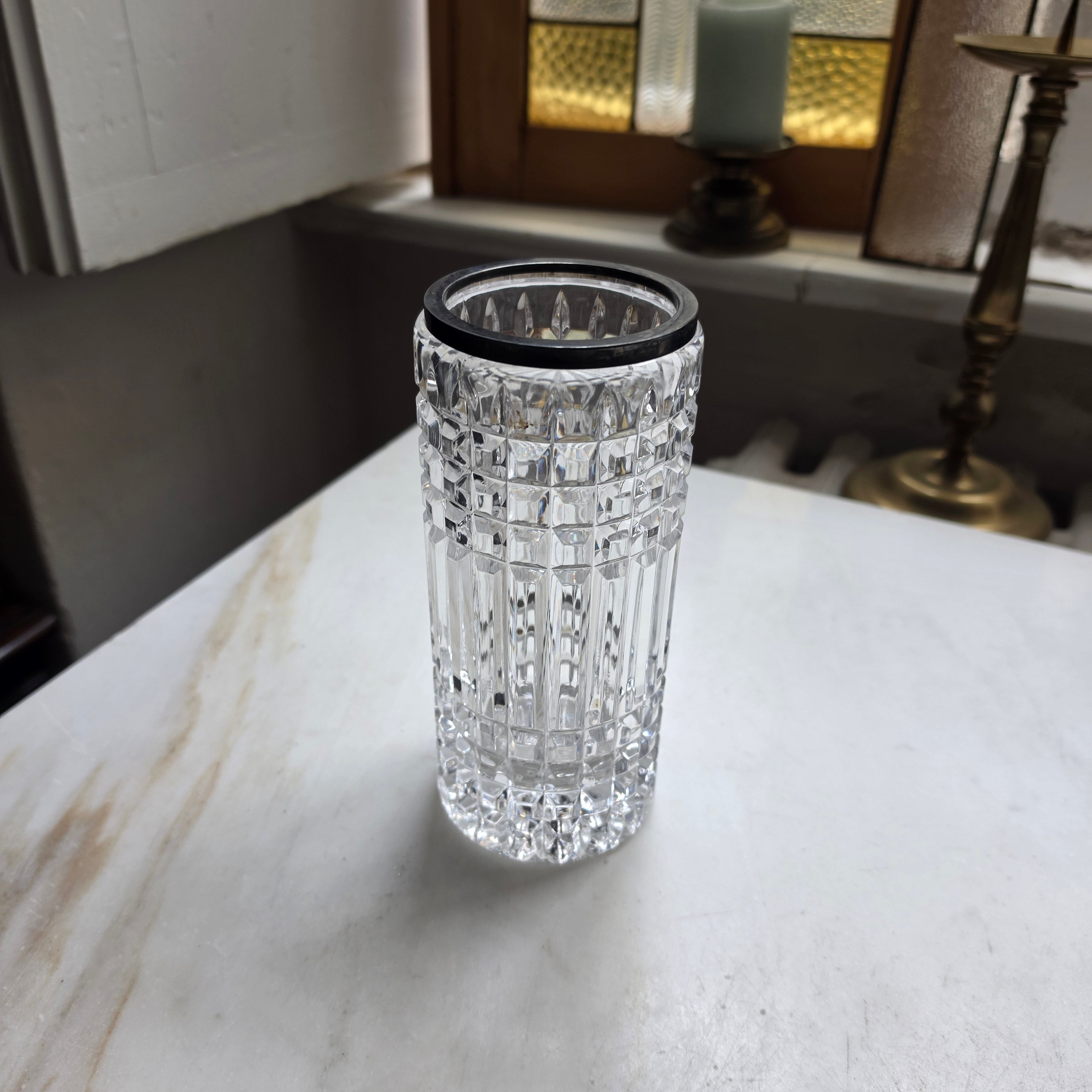 Vintage Kristallvase mit gestempeltem 925 Sterling Silber Rand – Facettenschliff – Top Zustand