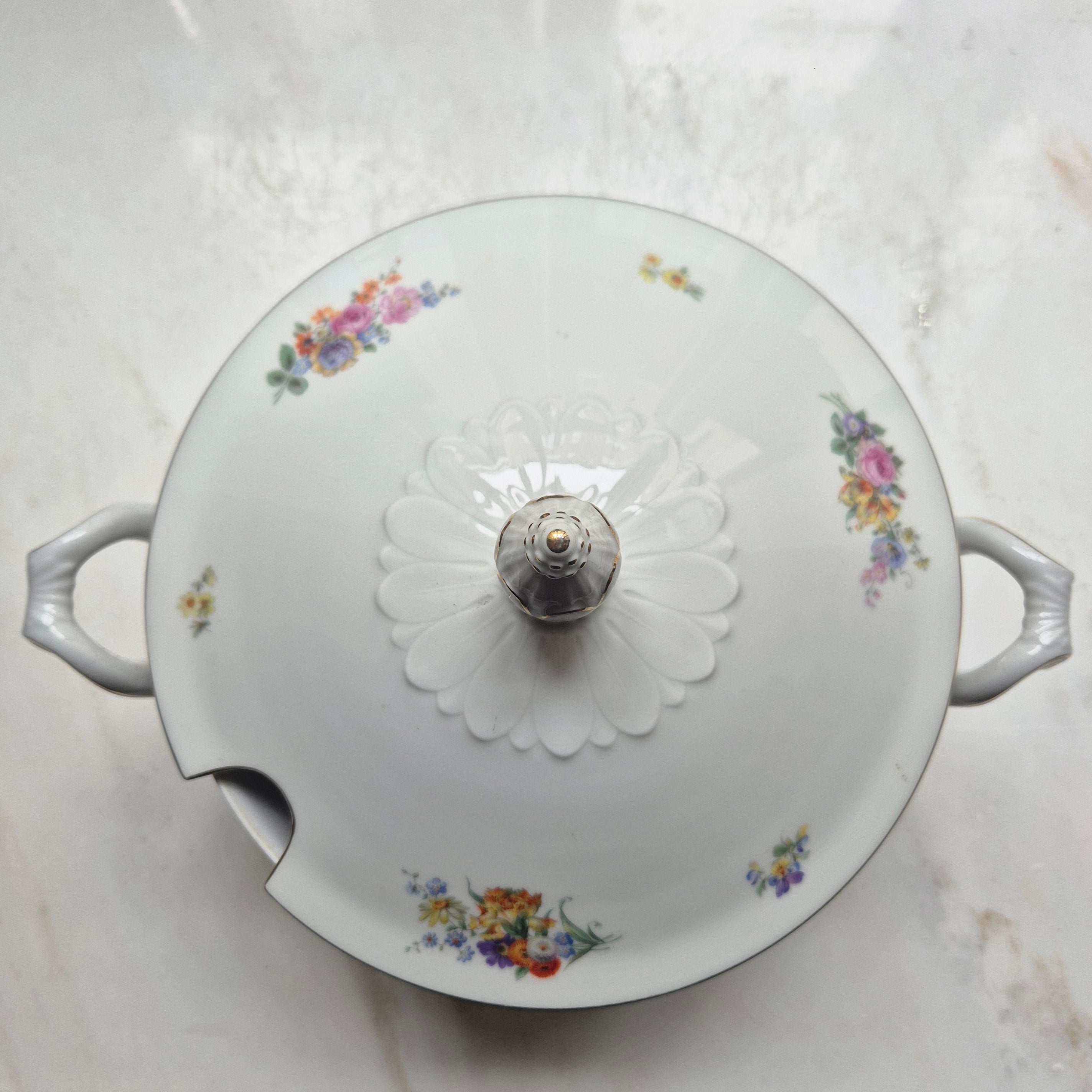 Antike große Rosenthal Empire Terrine Suppenterrine Schüssel mit Deckel Blumenmalerei Porzellan