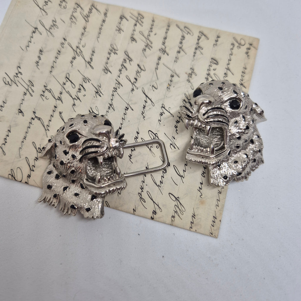 Vintage Gürtelschnalle 2-Teilig Trachtenschnalle Taillengürtel aus den 80ern-Handmade aus Berlin silber schwarz Gepard Leoparden Kopf