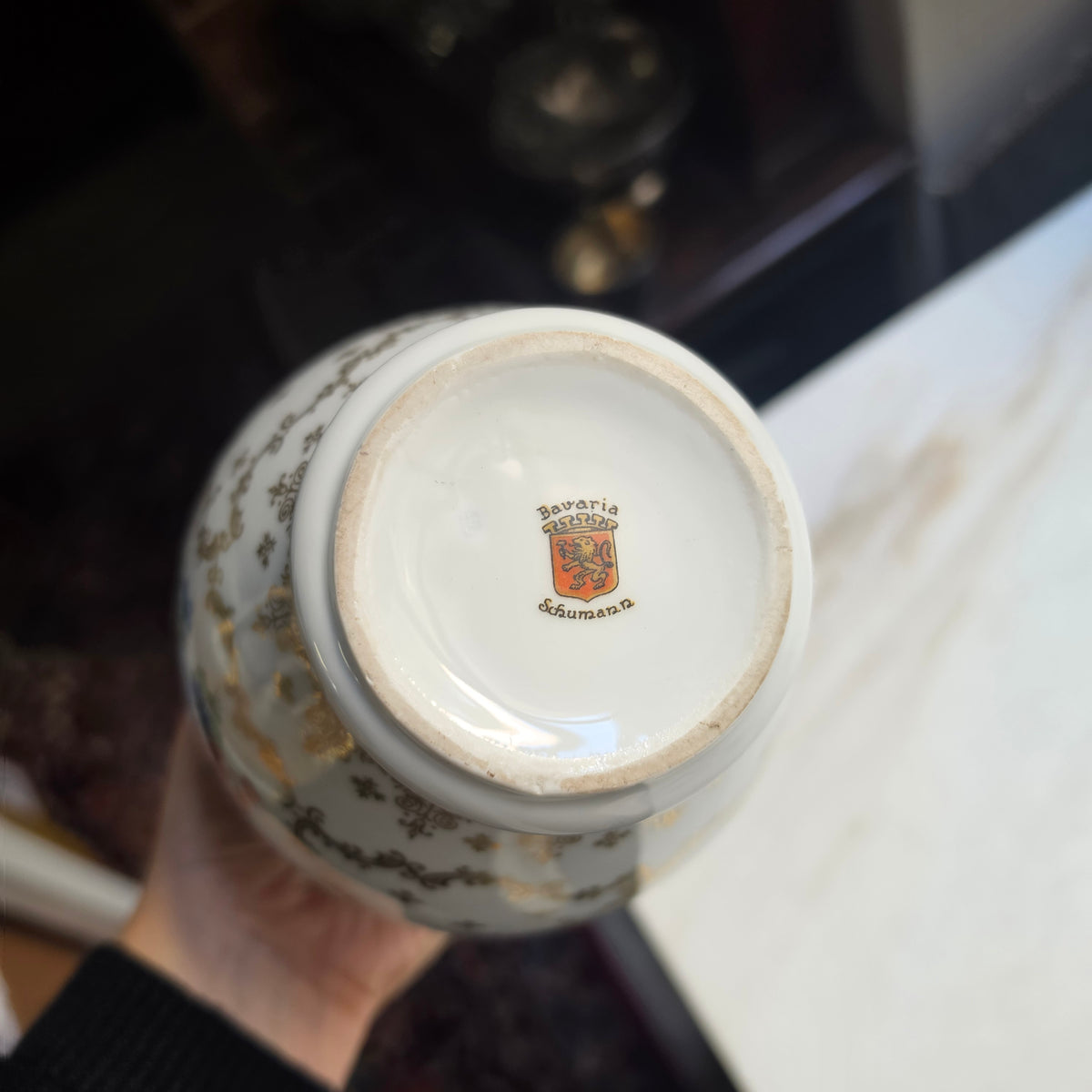Edle Vintage Kugelvase aus Porzellan – Schumann Bavaria Filigranes Golddekor & Blumenbouquet