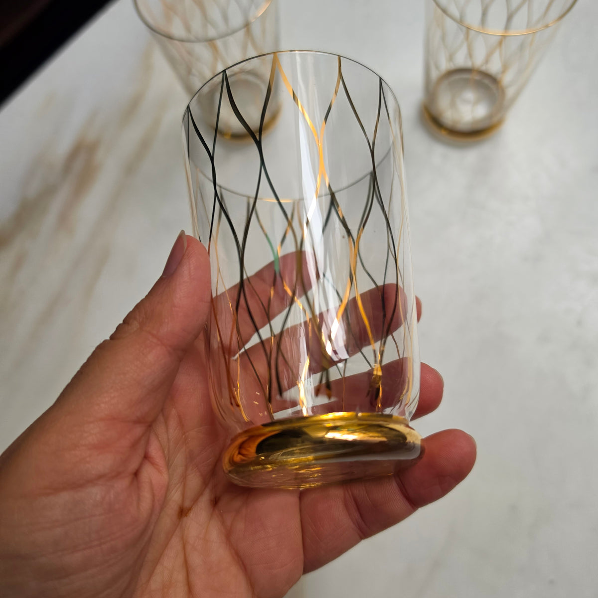 3x Vintage Mid-Century Wasser- & Longdrinkgläser mit Golddekor