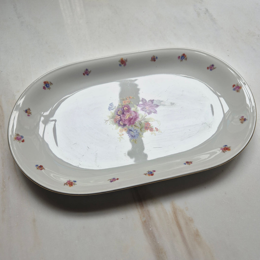 Antike Porzellanplatte Teller Blumendekor weiß Goldrand Koenigszelt Made in Poland