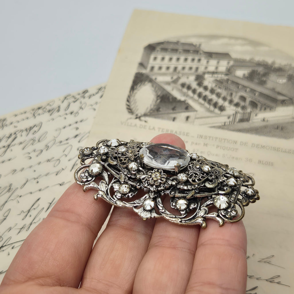 Große Antike Brosche Jugendstil 30er Jahre Strass Silber