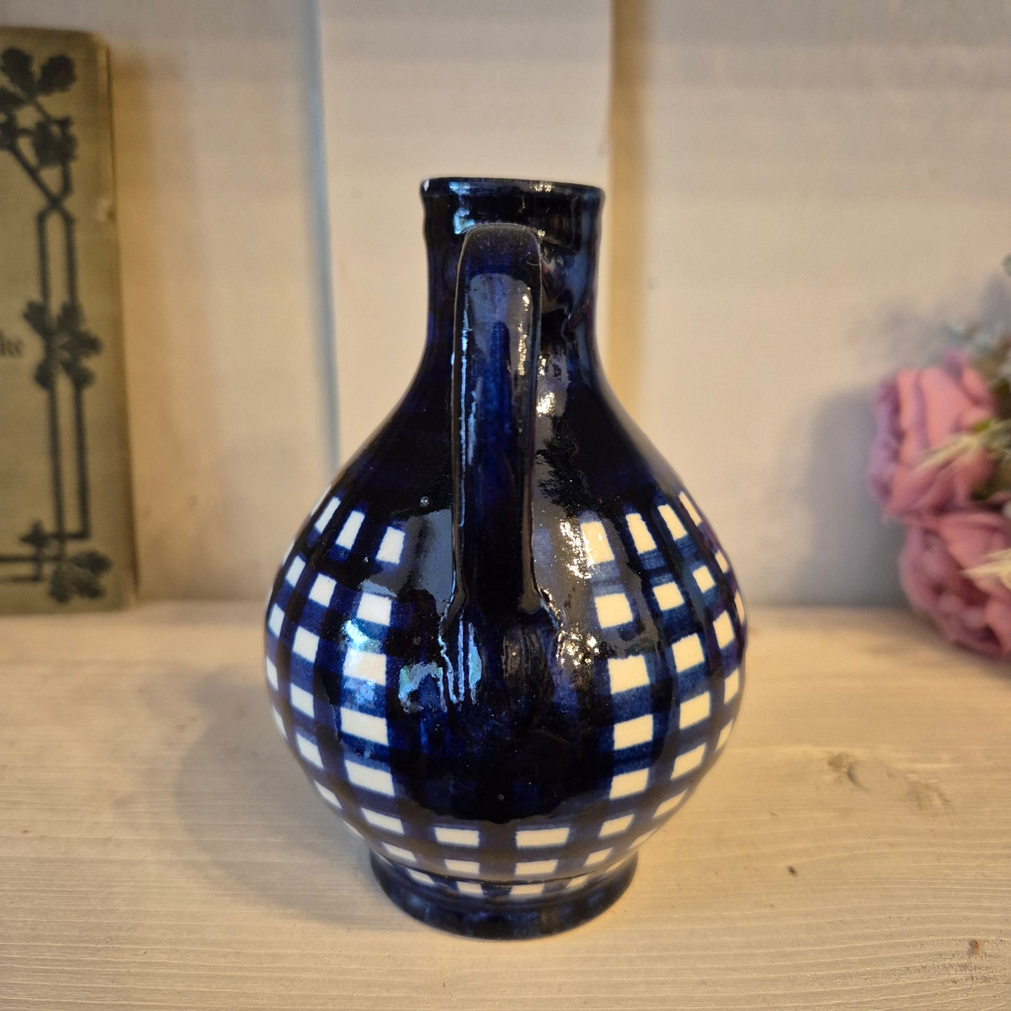 Alte kleine Keramik Essigkanne Kännchen mit Aufschrift " Essig" blau weiß