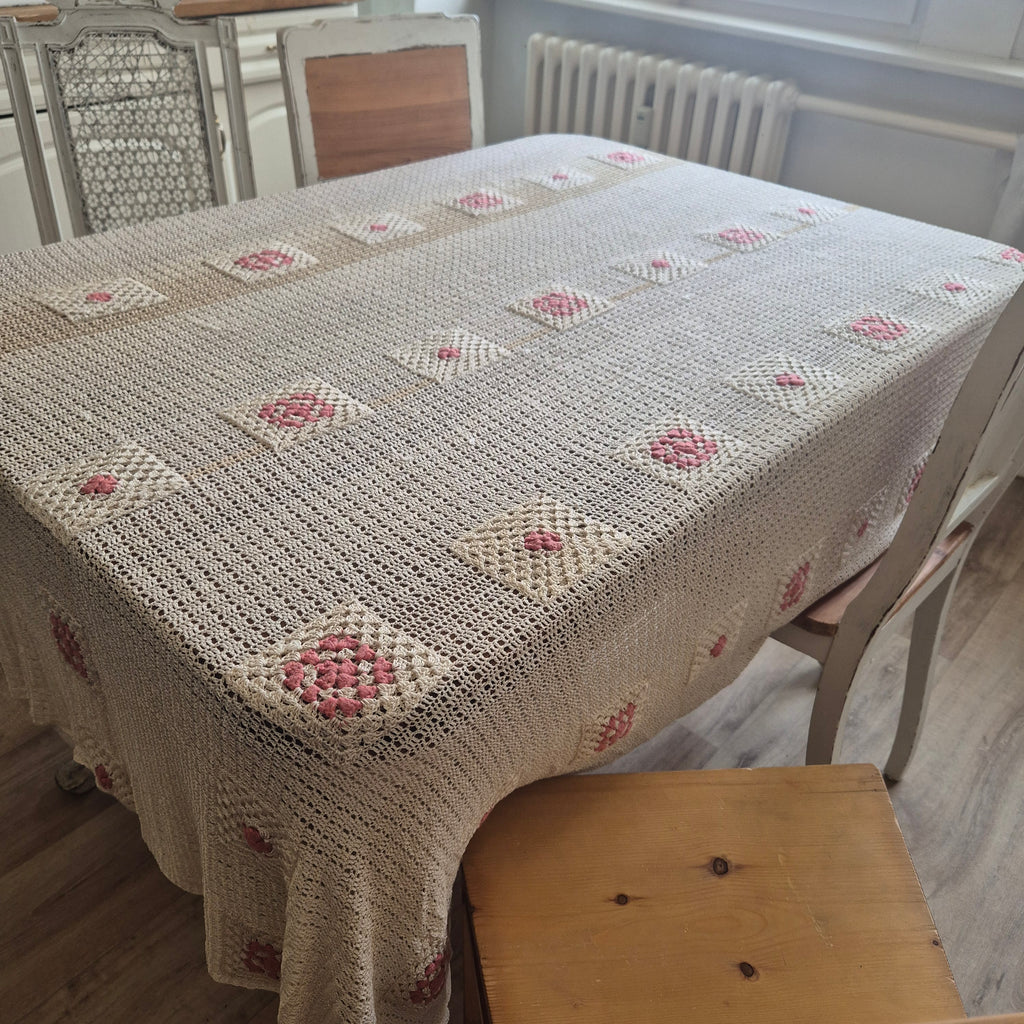 Vintage Häkel Tischdecke Creme beige 140x200cm