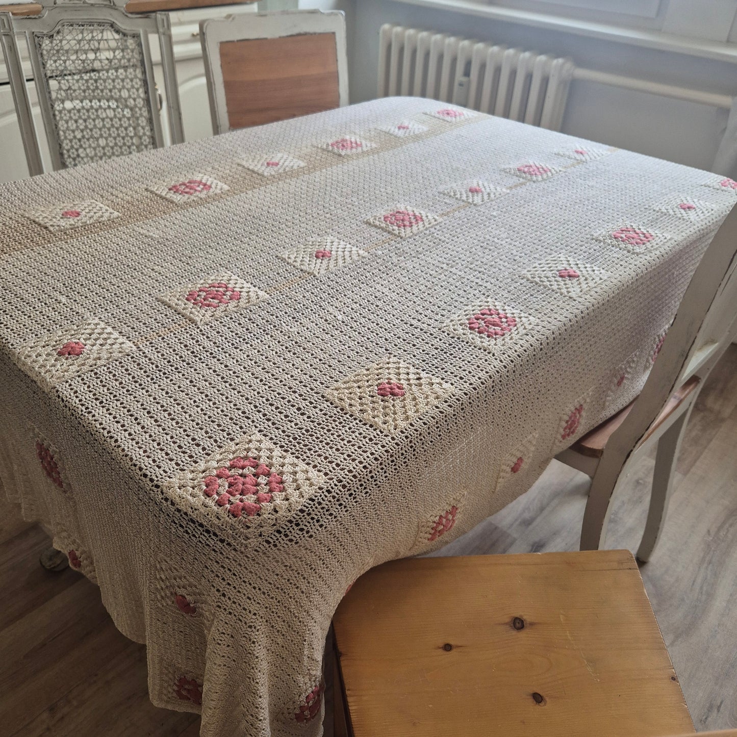 Vintage Häkel Tischdecke Creme beige 140x200cm