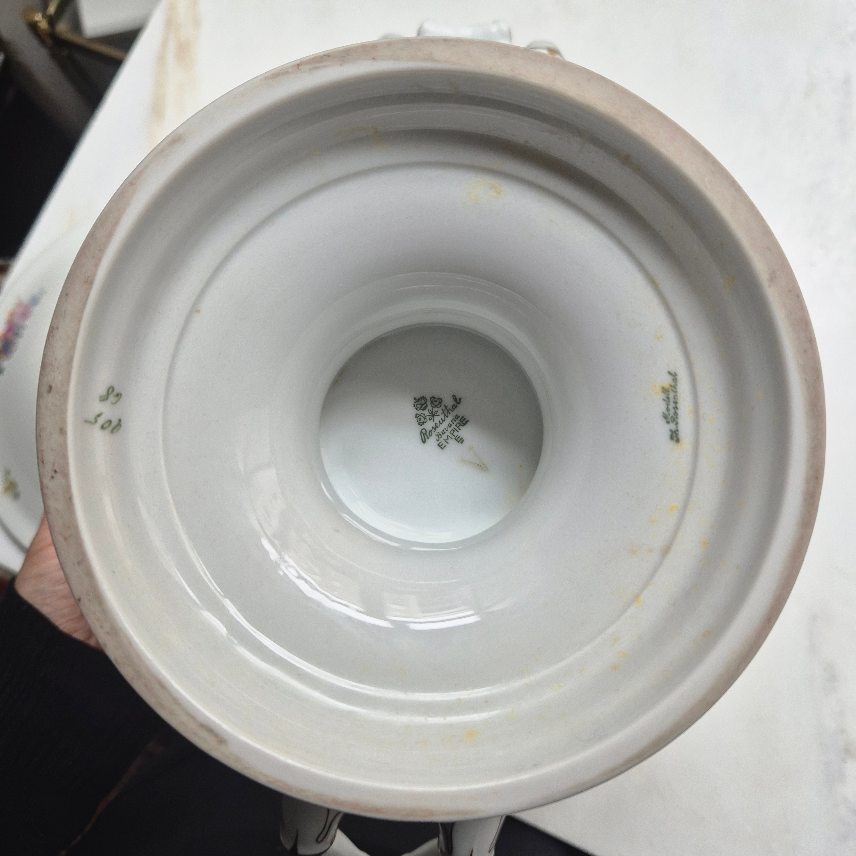 Antike große Rosenthal Empire Terrine Suppenterrine Schüssel mit Deckel Blumenmalerei Porzellan