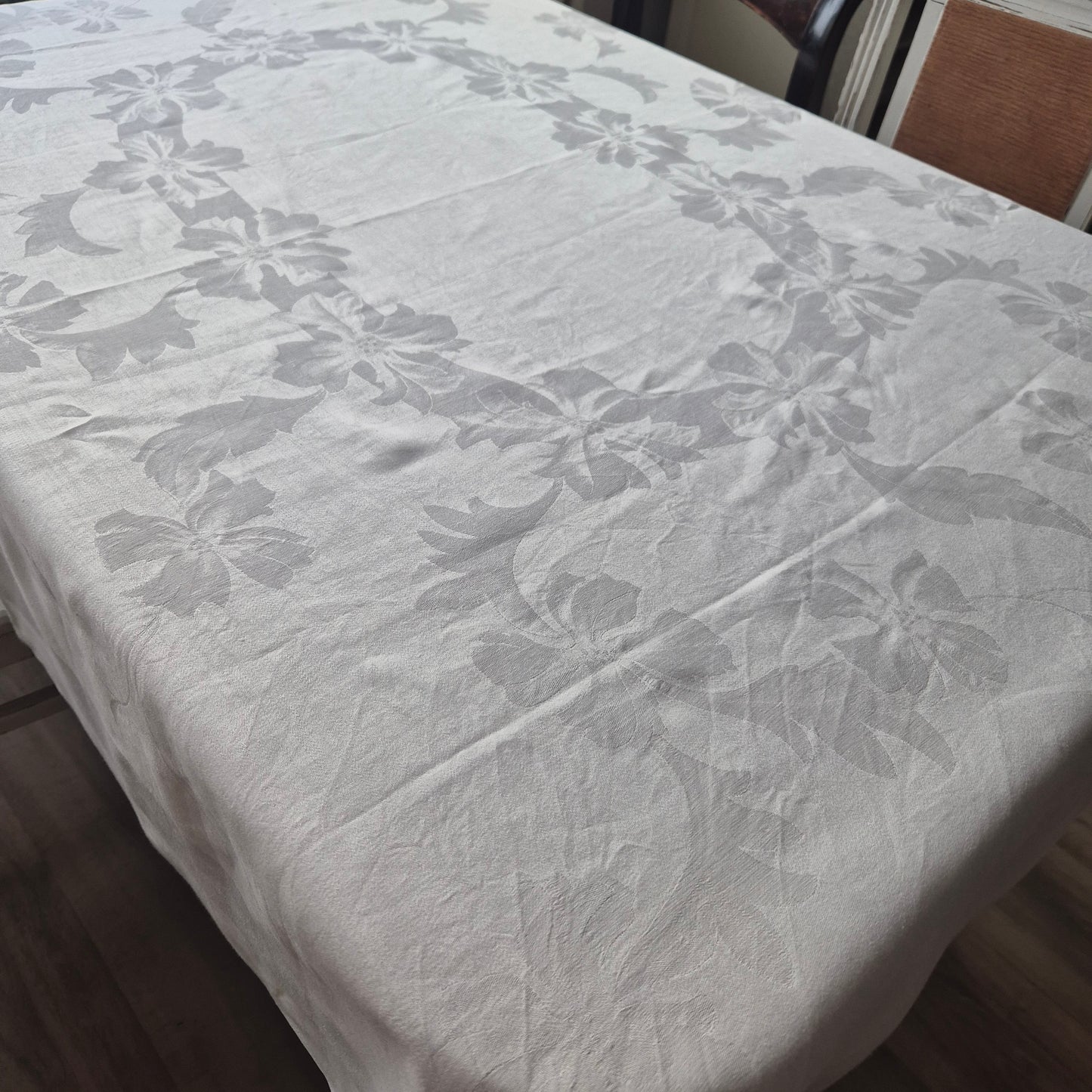 Antike Jugendstil Damast Baumwolle Tischdecke Weiß 135x170cm Schleifenmotiv Monogramm A.P.