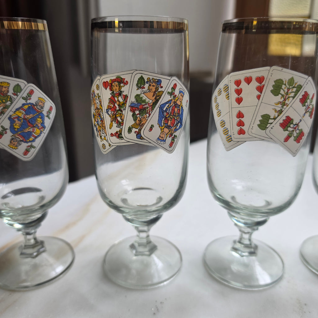5x Vintage Sektgläser - Aperitifgläser mit Spielkarten-Motiv & Goldrand