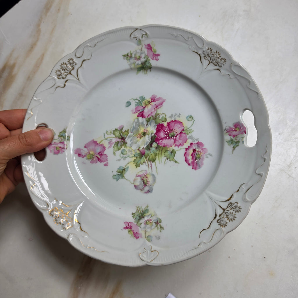 Antiker Prunkteller - Servierteller mit Blumen-Dekor & Griffen - Handbemalt