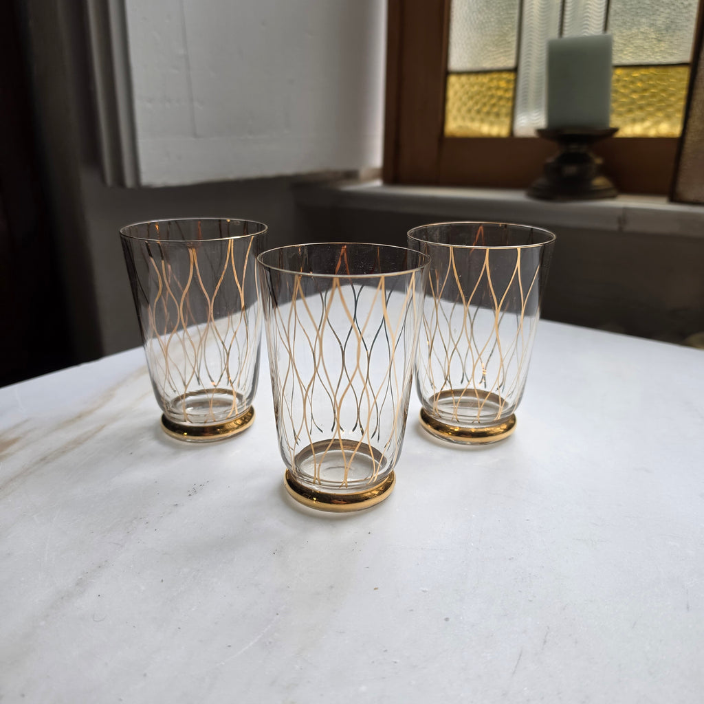 3x Vintage Mid-Century Wasser- & Longdrinkgläser mit Golddekor
