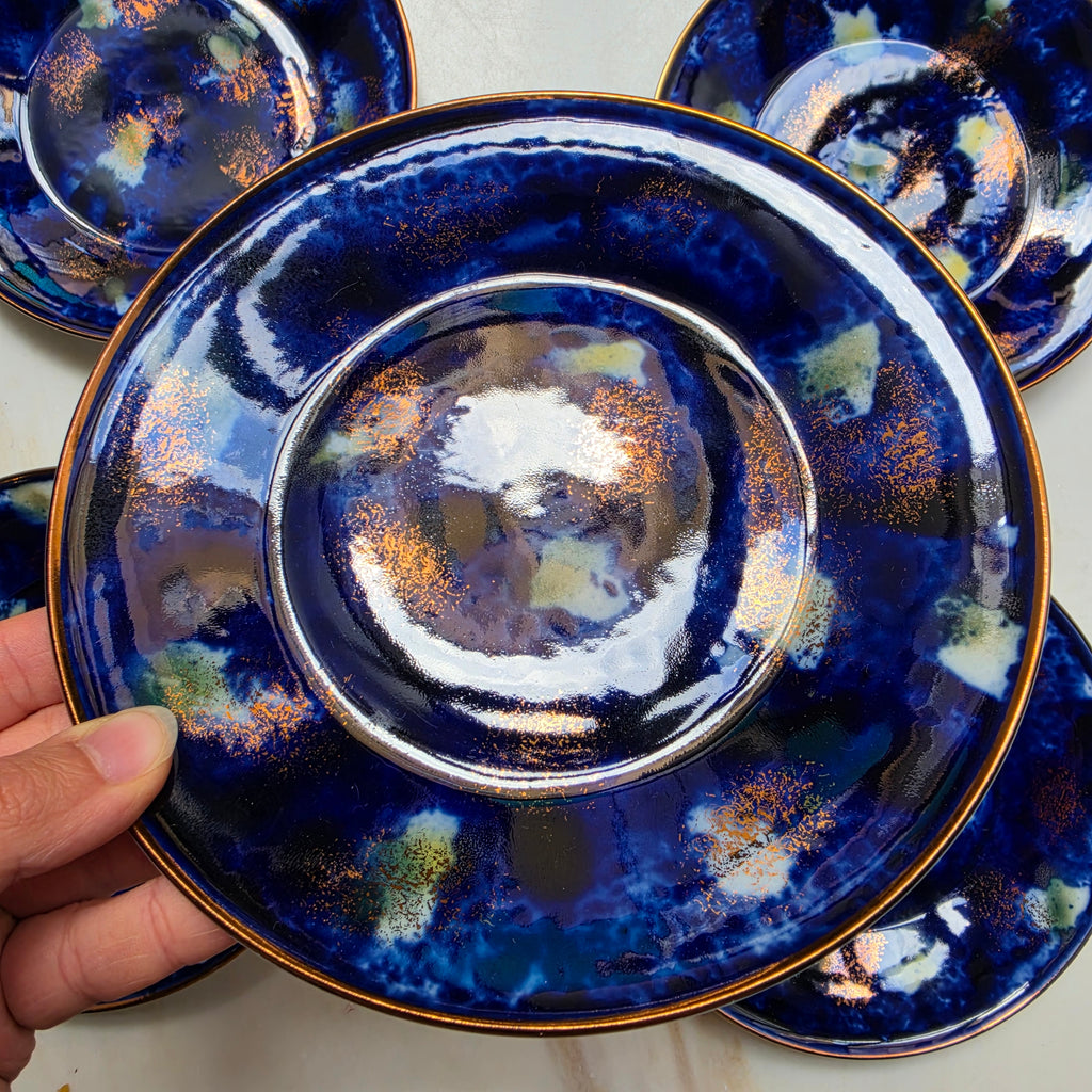 5x Set Vintage Wallendorf Porzellan Teller „Echt Kobalt“ & Gold – Handbemalt, Made in GDR - Mid-Century / Space Age
