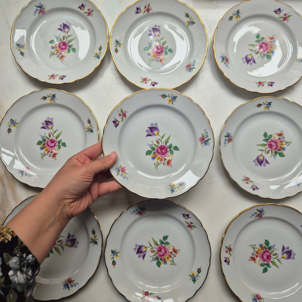 9x Antike Bavaria Porzellan Kuchenteller mit Blumenmotiv Goldrand