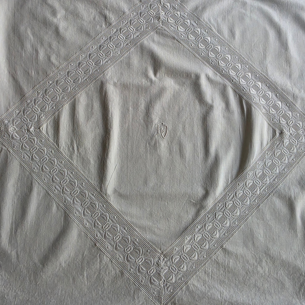 Antiker Paradekissen-Bezug - Monogramm E.V. - 75x75cm - Baumwolle - 2x Knöpfe fehlen