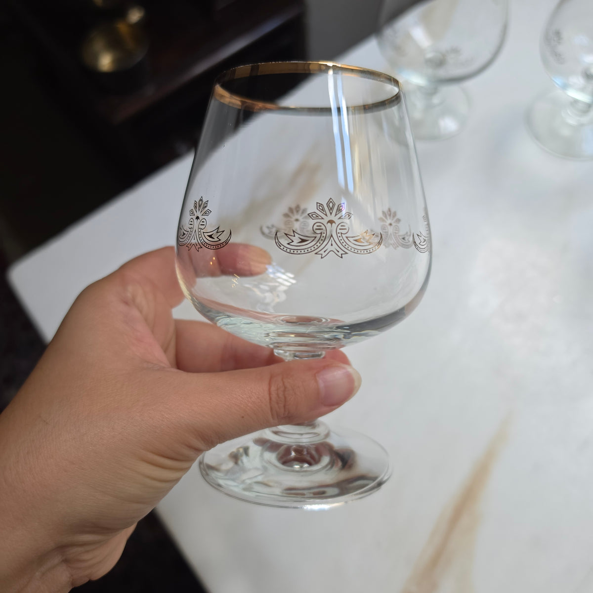 4x Vintage Cognacgläser - Schwenker Set mit Goldrand & Filigranem Ornament-Muster