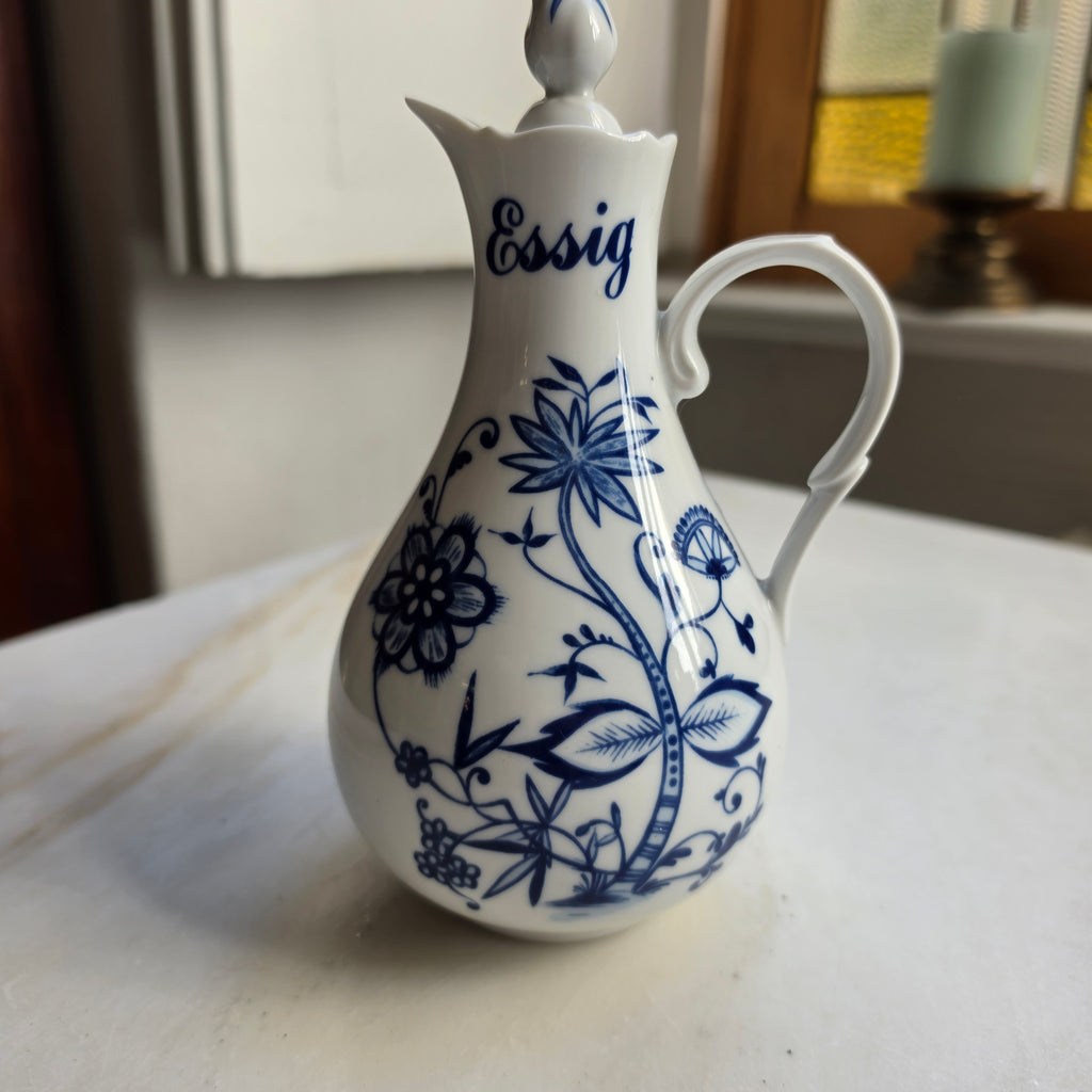Altes Essig Kännchen mit Deckel Indisch Blau Strohblume Vintage Essigspender Ölspender