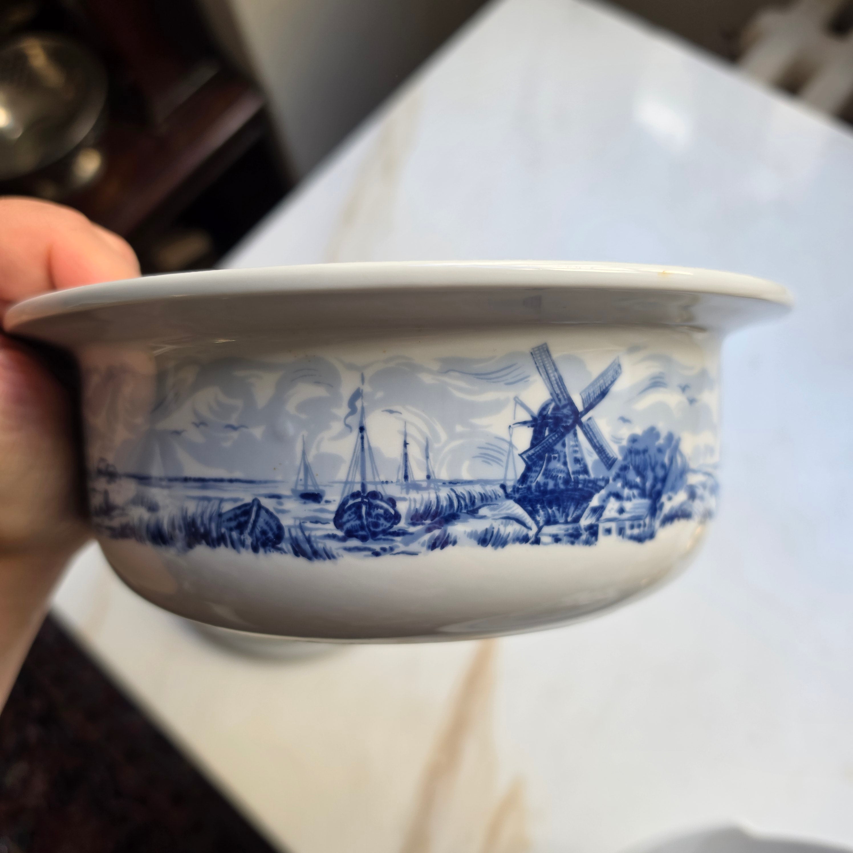Vintage Freiberger Porzellan KERAflam Terrine / Schüssel mit Deckel – Blau-Weißes Windmühlen-Motiv