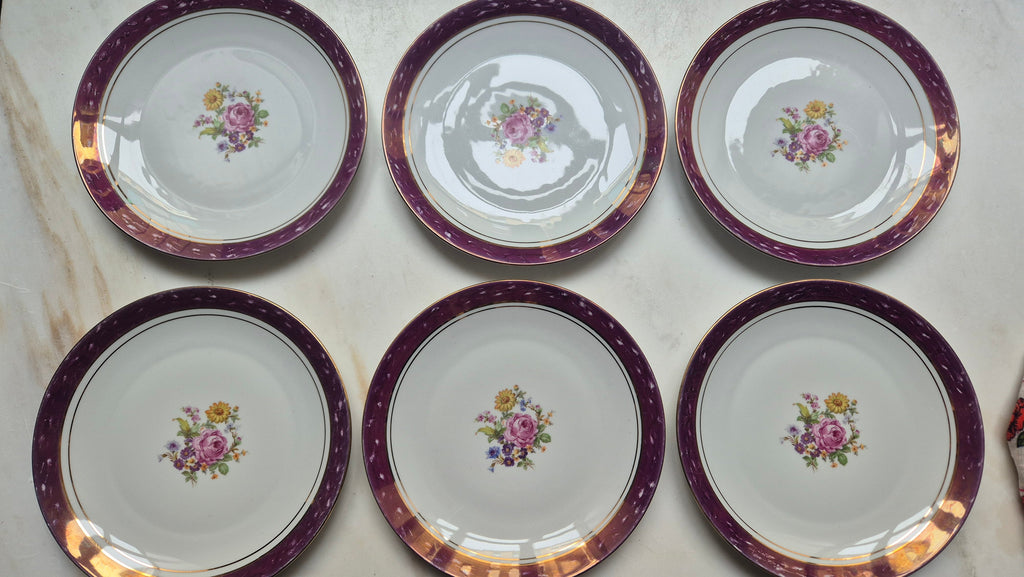 6x Antike flache Speiseteller Blumendekor weiß mit lila Goldrand