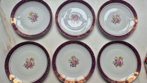 6x Antike flache Speiseteller Blumendekor weiß mit lila Goldrand
