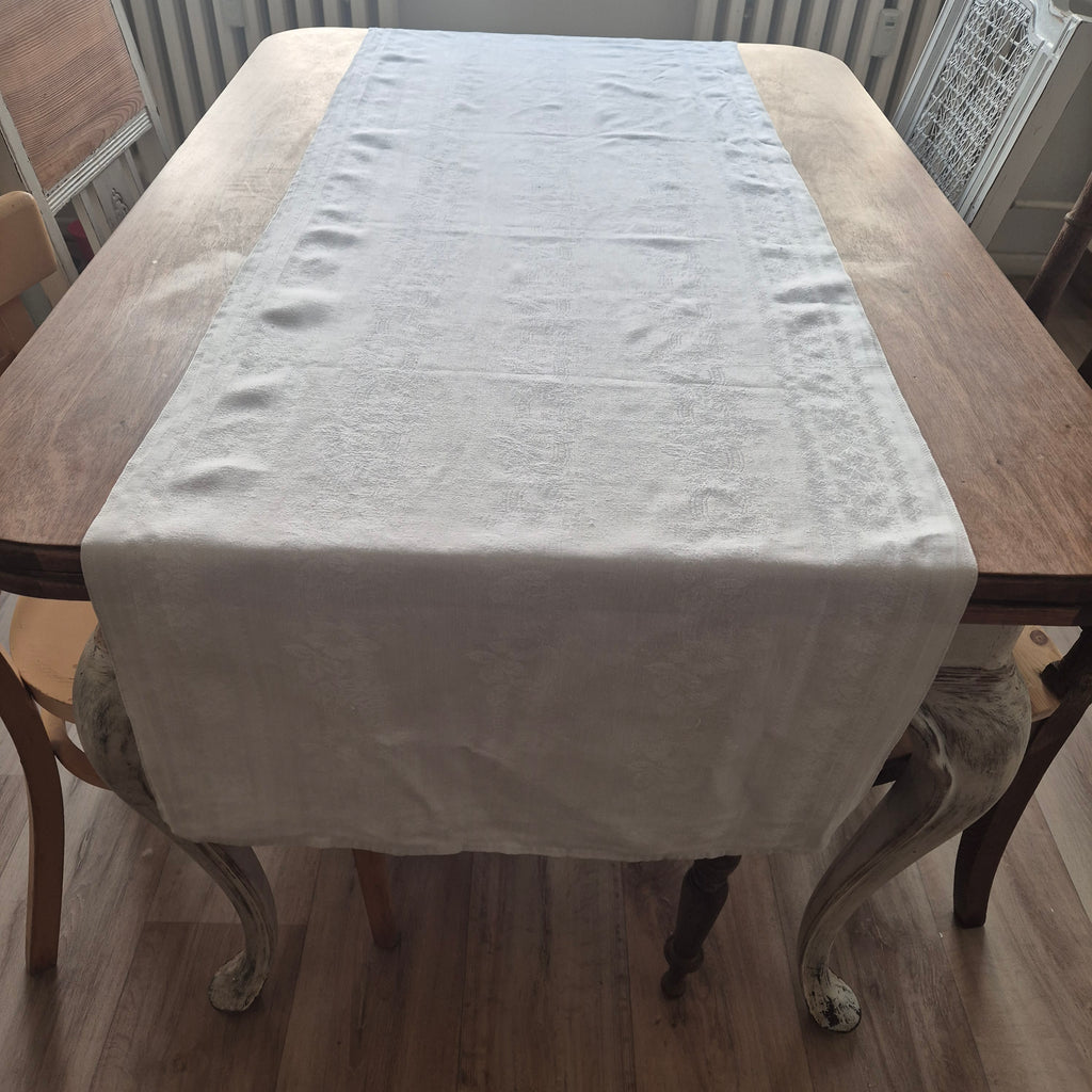 Antikes Baumwolle Damast Tischtuch - Läufer - Weiß - 57x166cm - Initialen "Dora Volker"