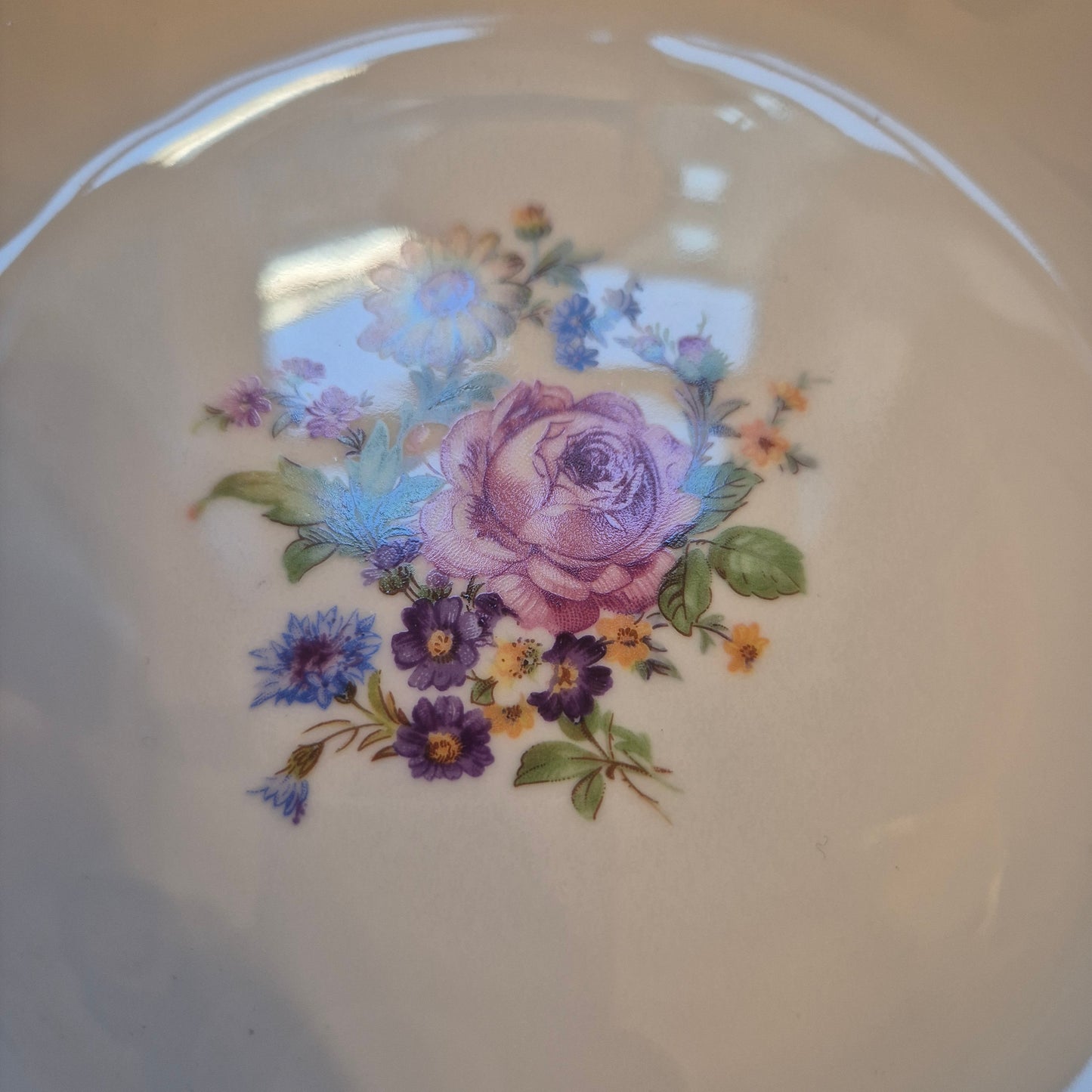 6x Antike tiefe Speiseteller Blumendekor weiß mit lila Goldrand