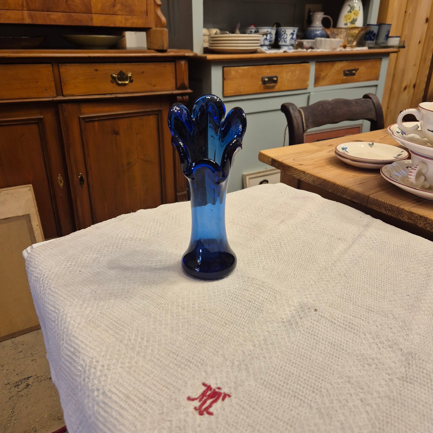 Vintage Glas Vase Glaskunst blau  Mid Century Swing 5 Finger Design Stretch