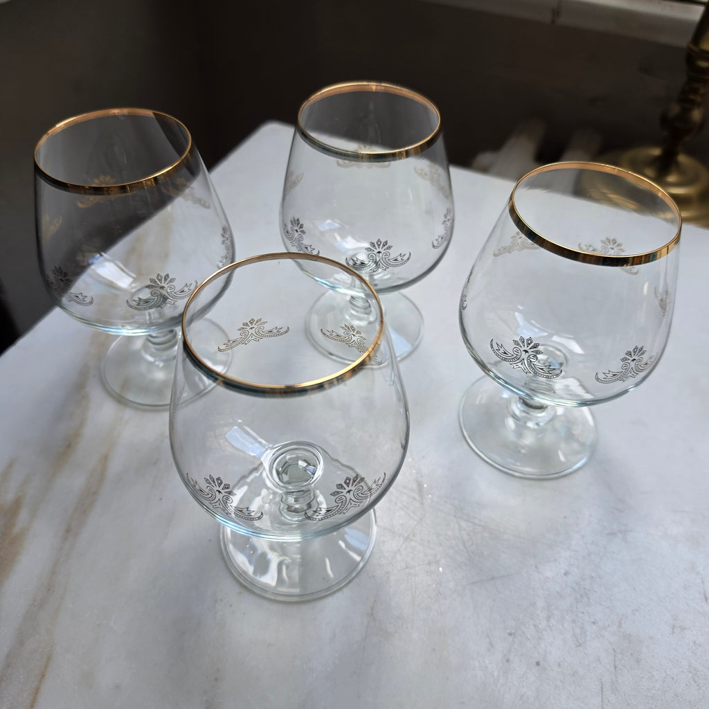 4x Vintage Cognacgläser - Schwenker Set mit Goldrand & Filigranem Ornament-Muster