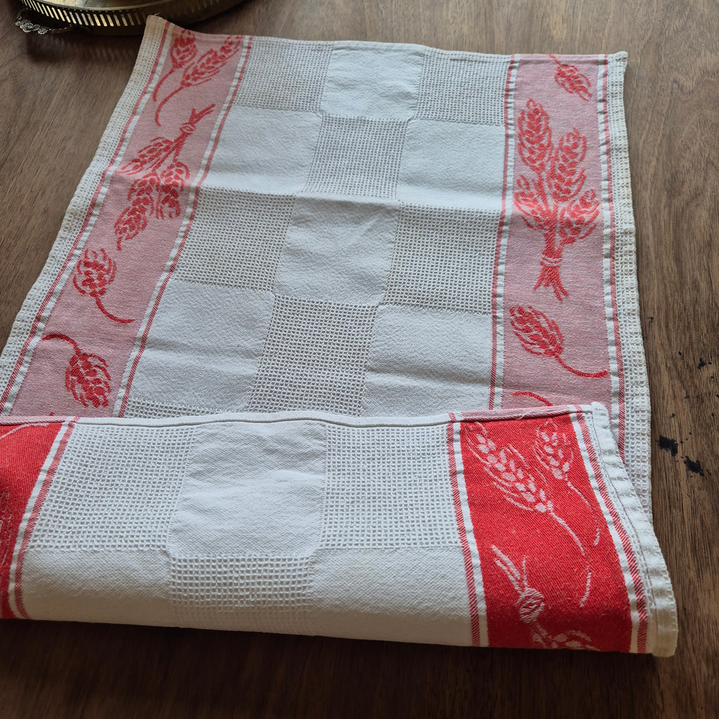 Antikes Jugendstil Küchen-& Geschirrhandtuch weiß rot Leinen 66x44cm Weizenmotiv Getreide ♡