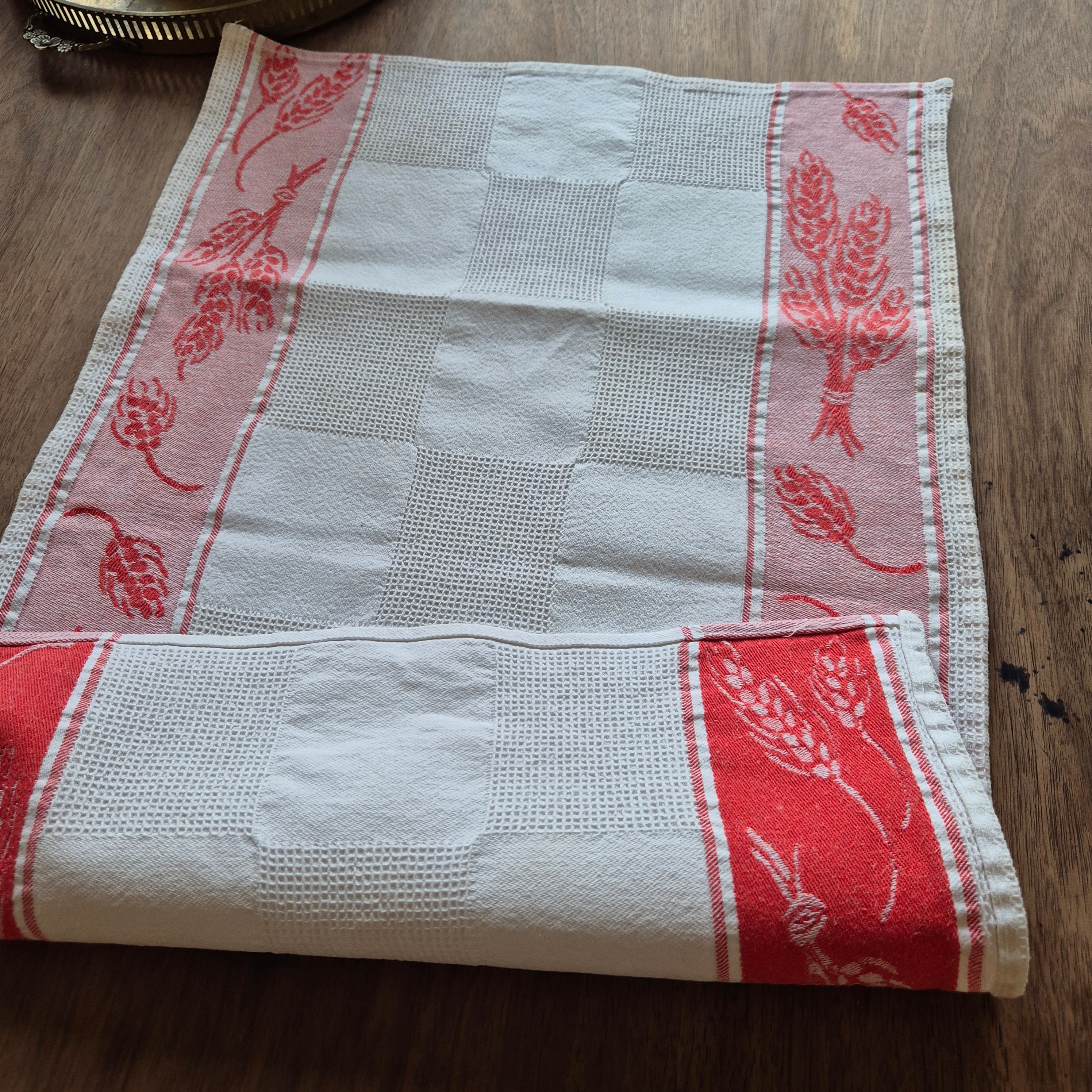 Antikes Jugendstil Küchen-& Geschirrhandtuch weiß rot Leinen 66x44cm Weizenmotiv Getreide ♡