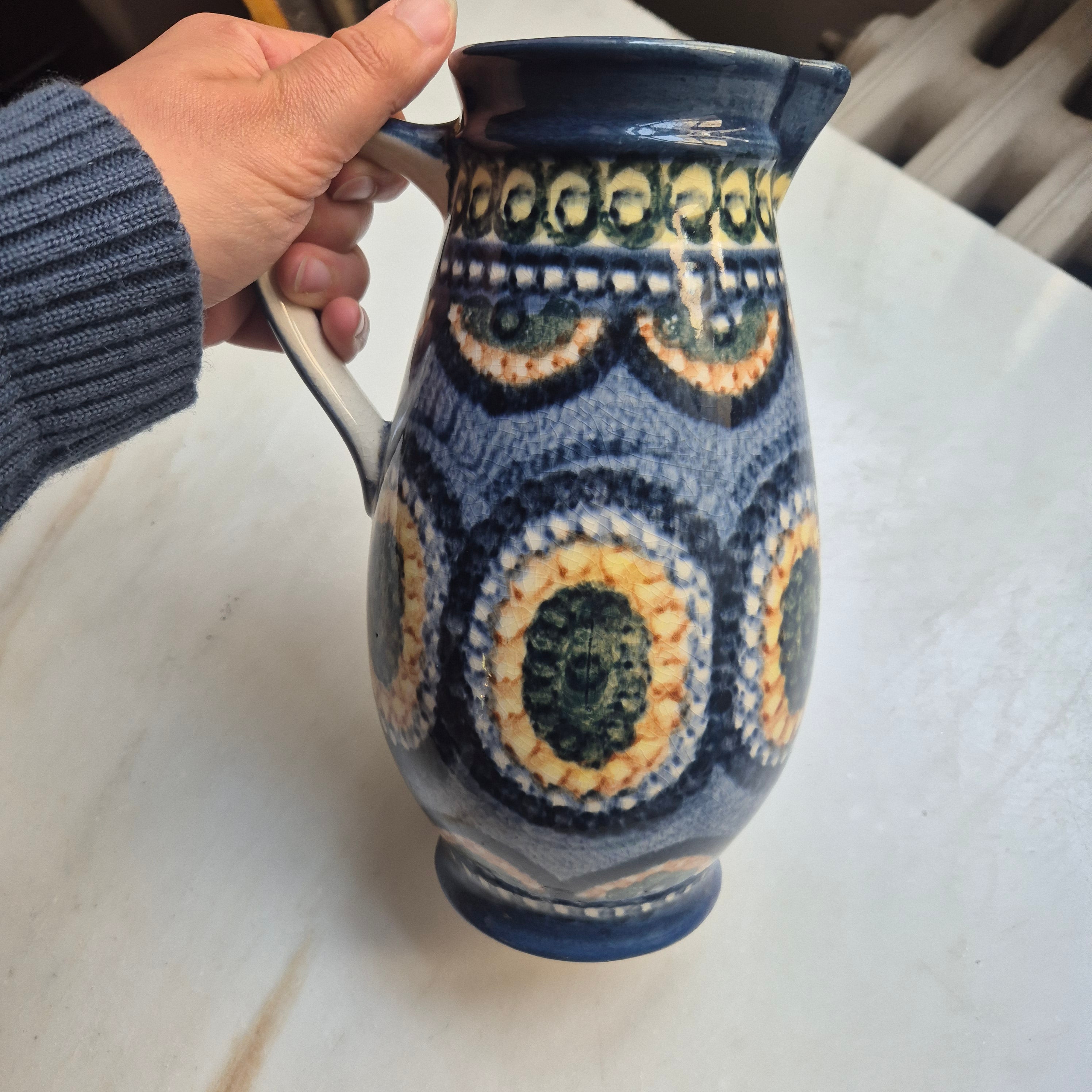 60er Jahre Midcentury Krug Vase blau mit Henkel alt