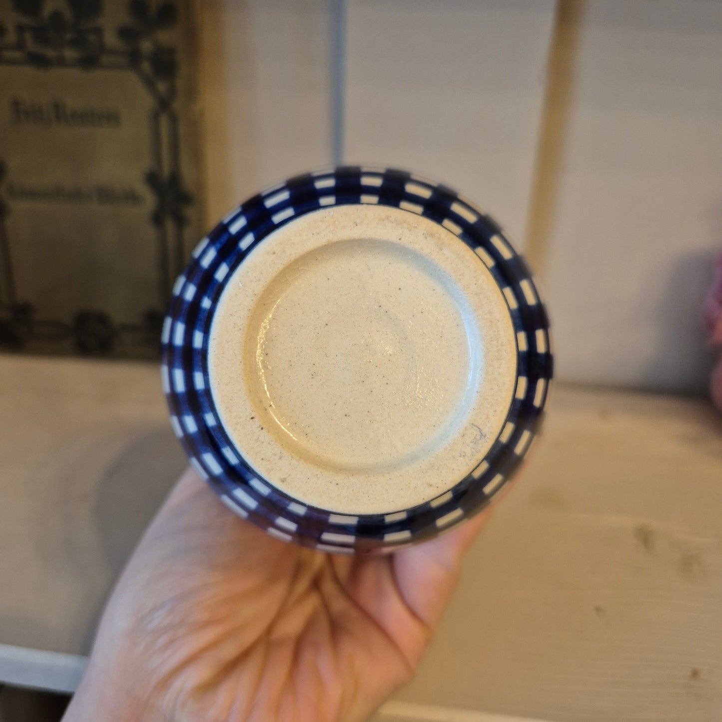 Alte kleine Keramik Essigkanne Kännchen mit Aufschrift " Essig" blau weiß