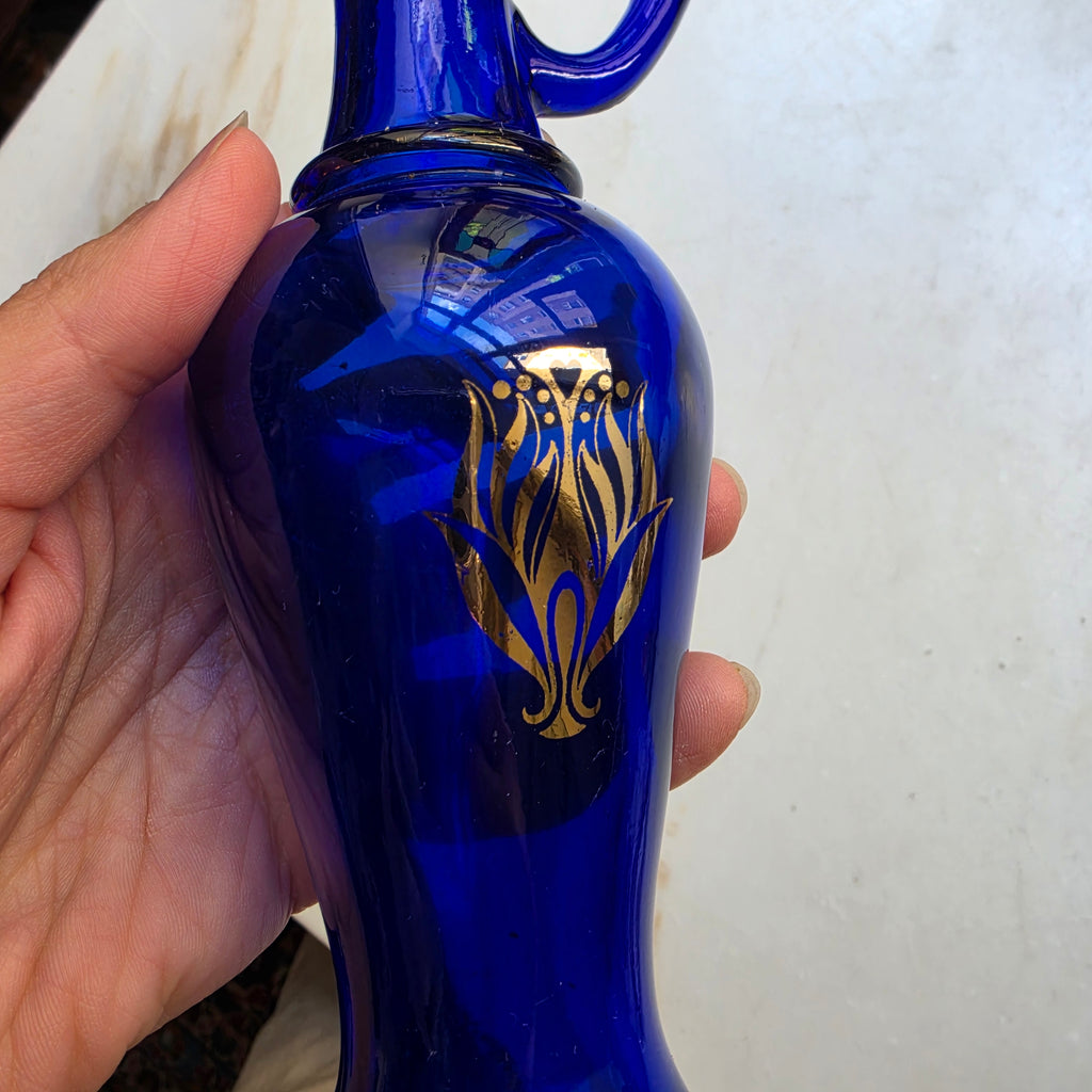 Blaue Glas Vase klein Pressglas gold