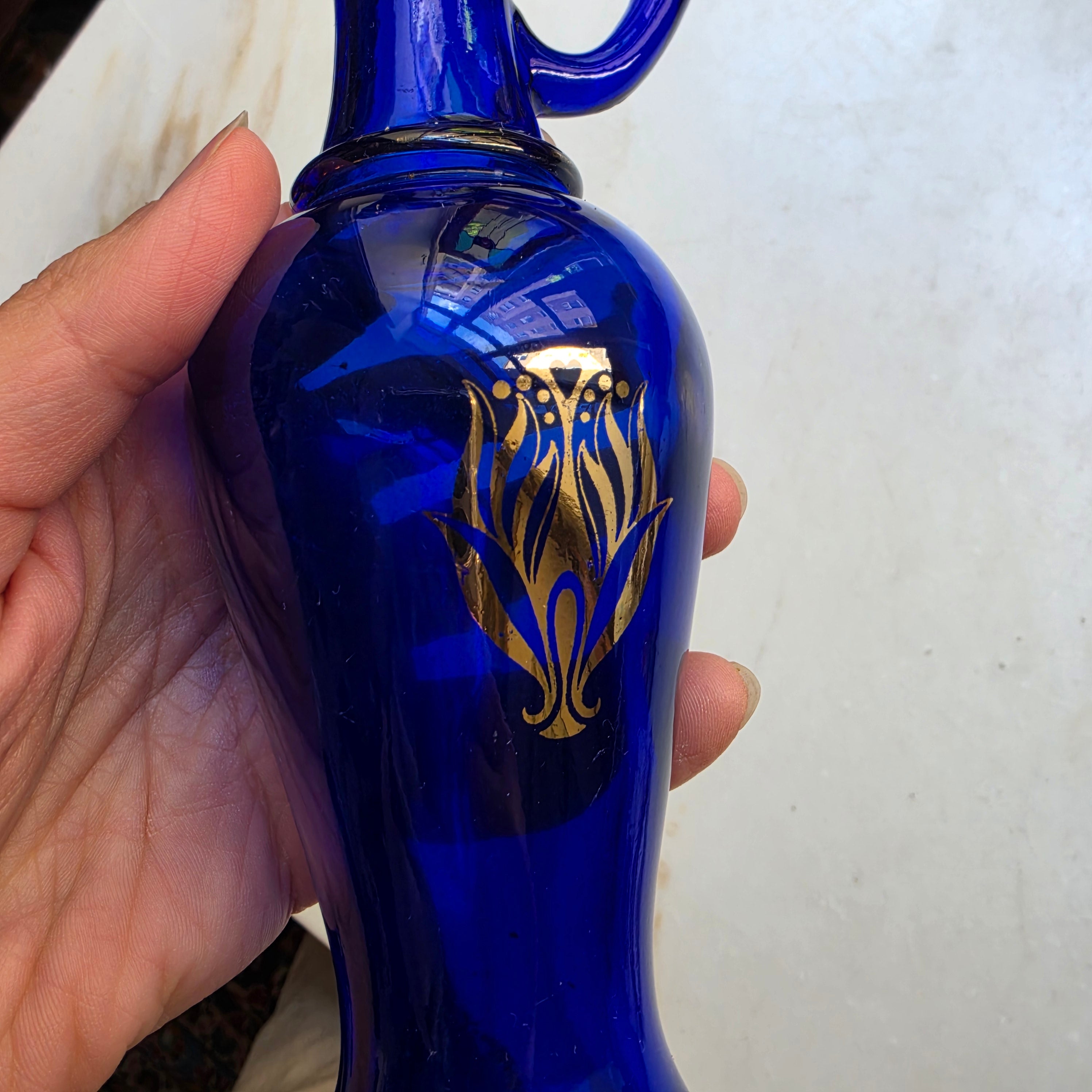Blaue Glas Vase klein Pressglas gold