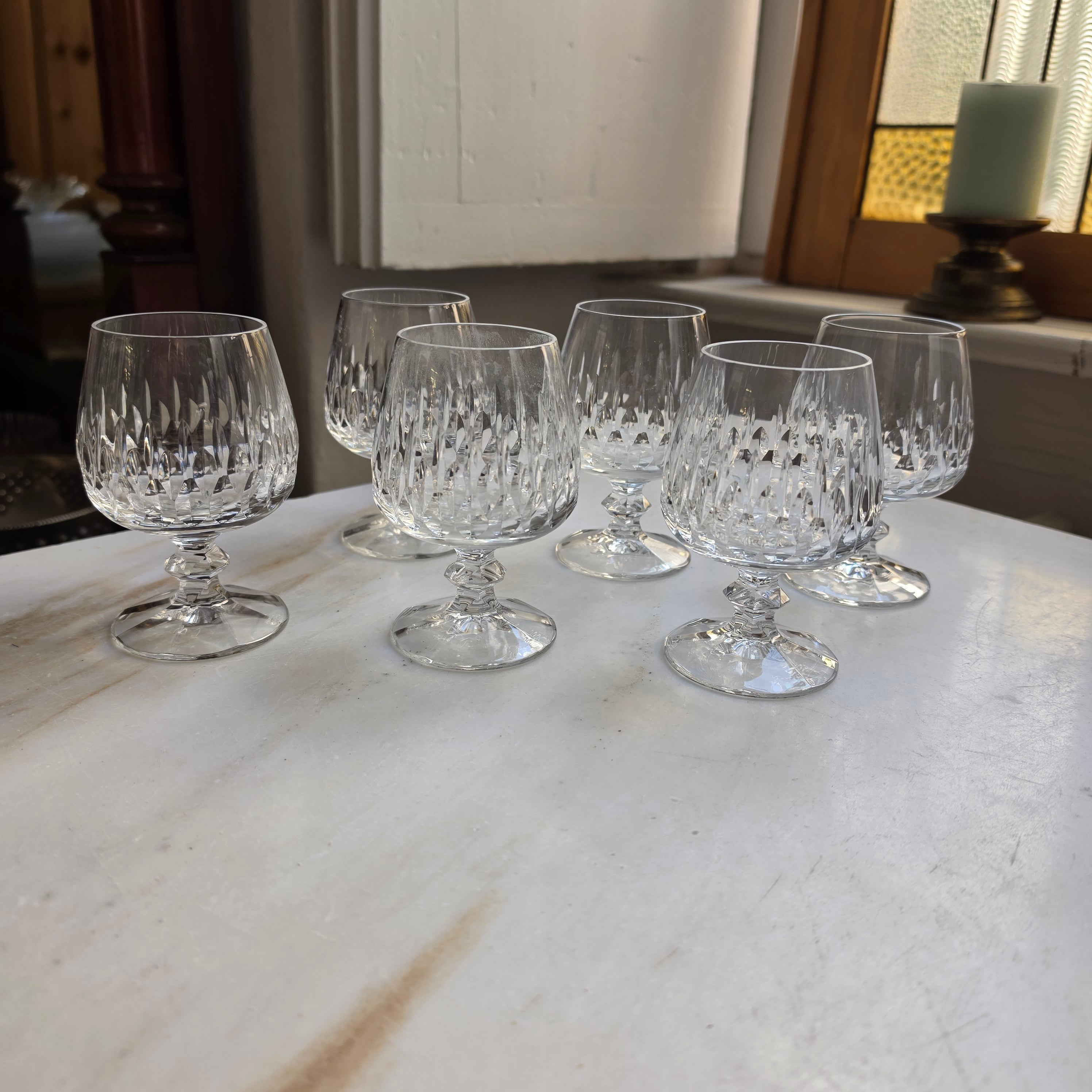 6x Vintage Kristall Cognacschwenker – Eleganter Olivenschliff & Facettenstiel