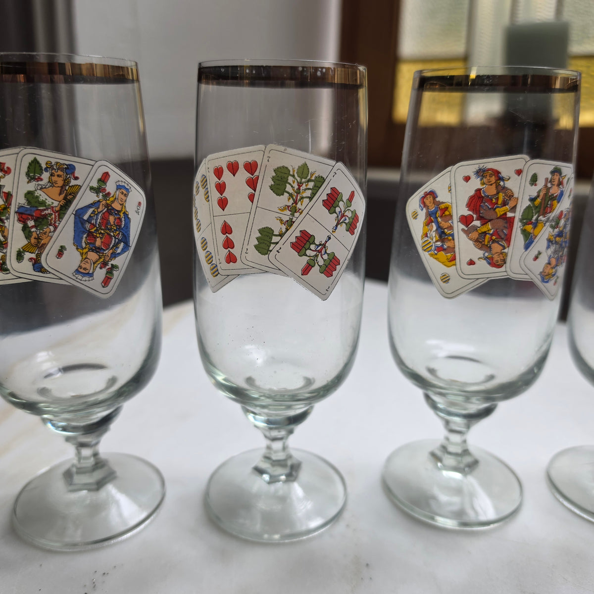 5x Vintage Sektgläser - Aperitifgläser mit Spielkarten-Motiv & Goldrand