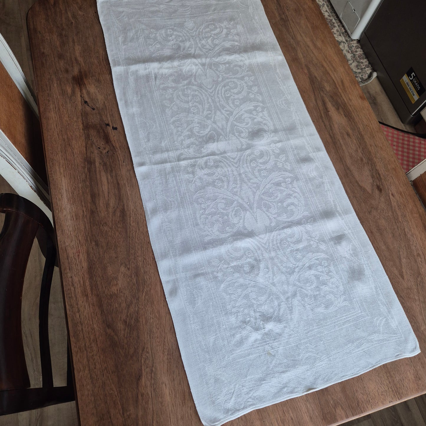 Antikes Jugendstil Küchen-&Geschirrtuch weiß Damast Baumwolle 108x47cm Ornamente
