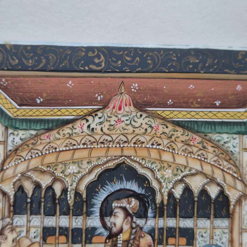 Antike Mogul Miniatur Gemälde Handarbeit König Shamjahan Taj Mahal Gericht Szene