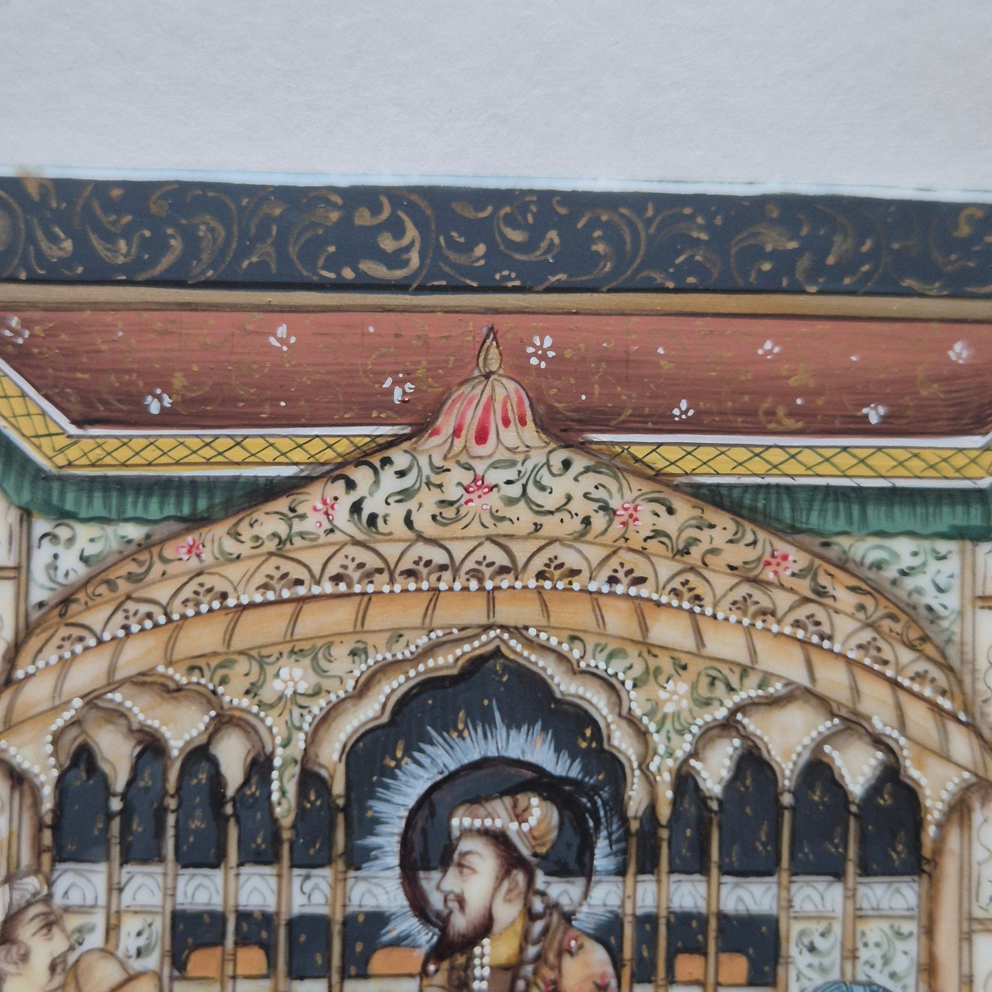 Antike Mogul Miniatur Gemälde Handarbeit König Shamjahan Taj Mahal Gericht Szene