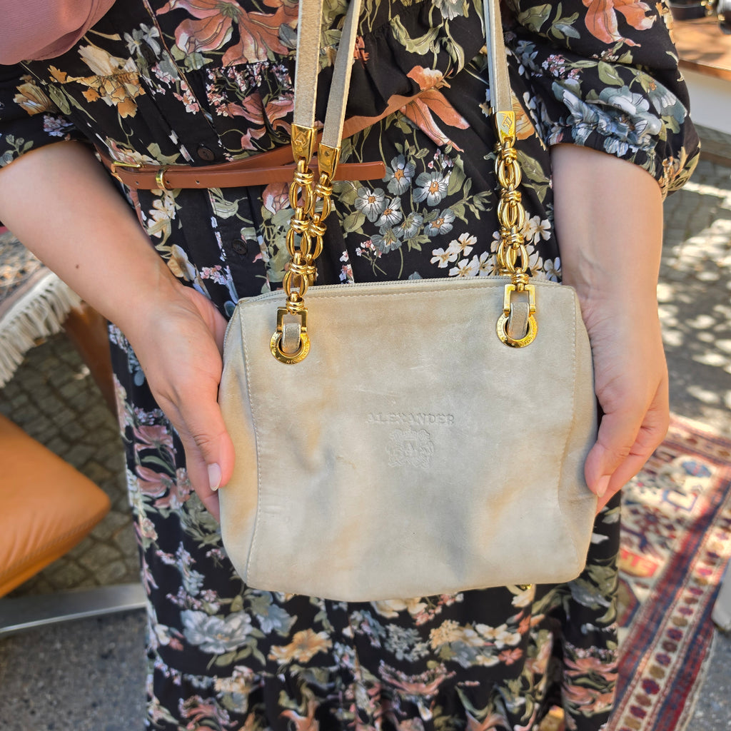 Edle 90er Jahre Alexander NICOLETTE Vintage Tasche | Grau Gold | Wappen-Logo