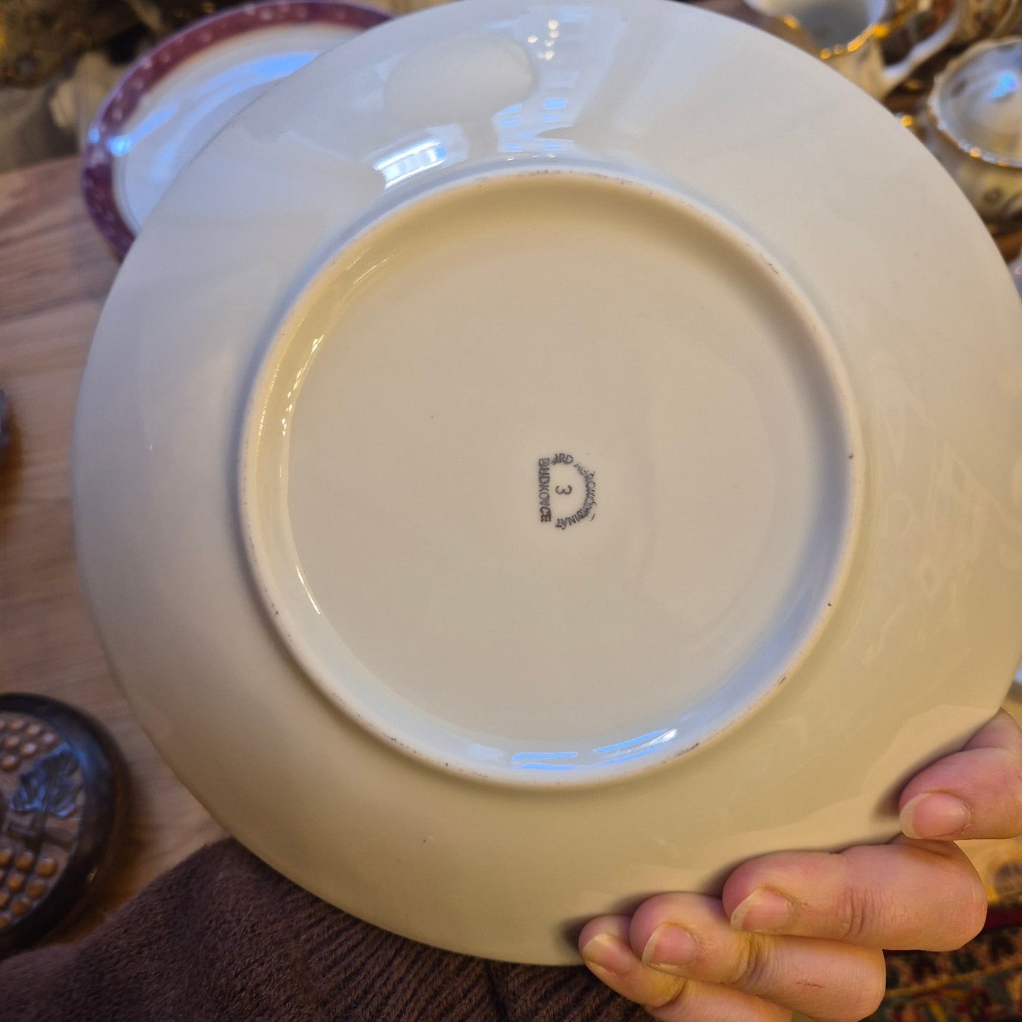 6x Antike tiefe Speiseteller Blumendekor weiß mit lila Goldrand