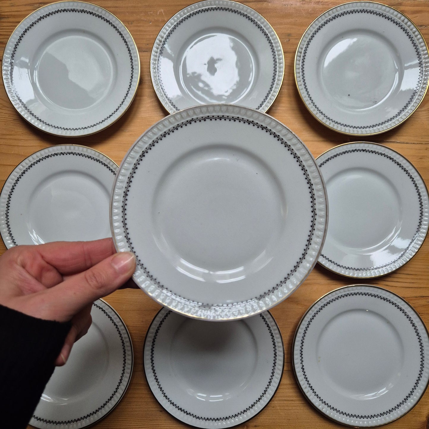 9x Vintage Dessertteller / Kuchenteller Silesia Porzellan weiß gold schwarz