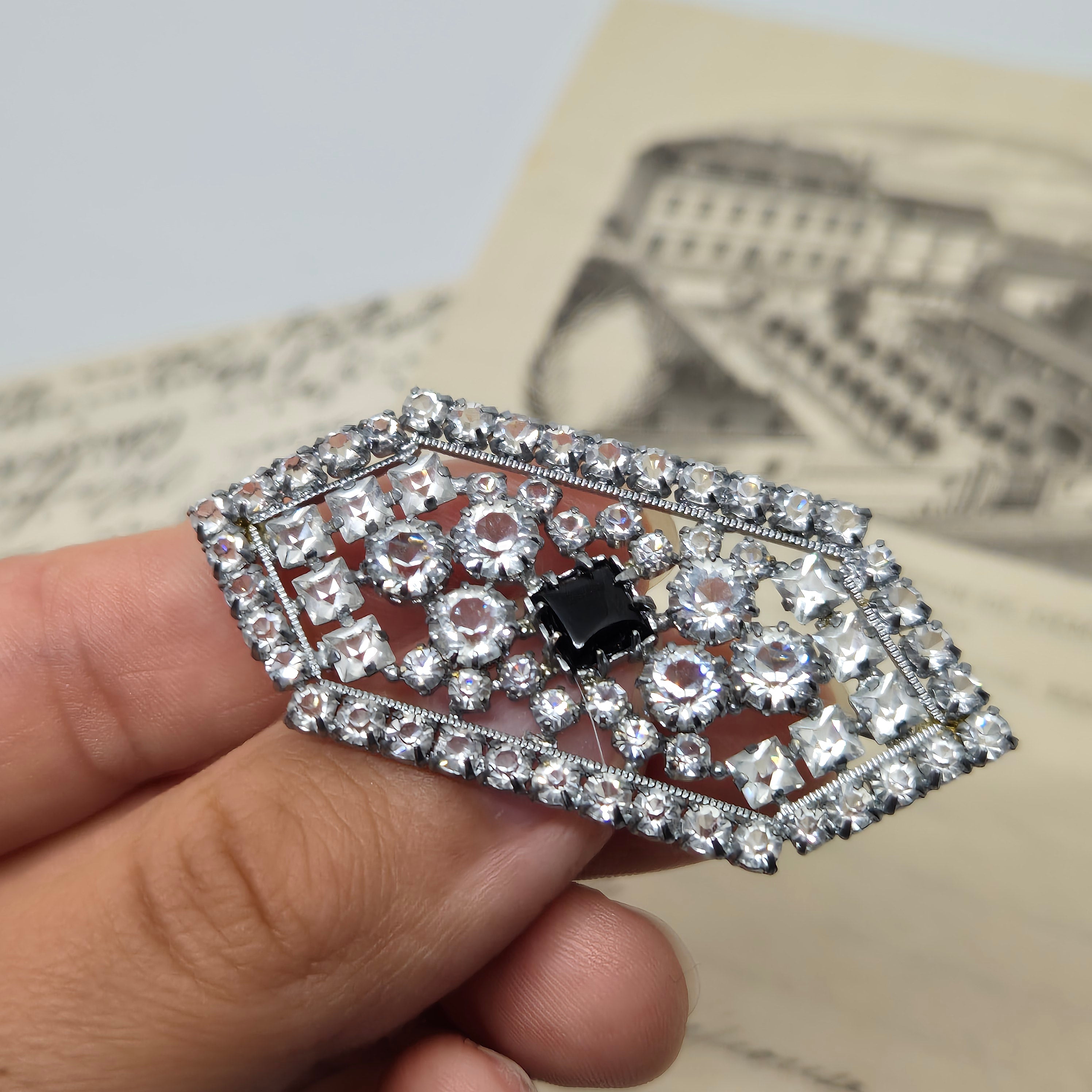 50er Jahre Vintage Brosche Glitzer Strass Silber Art Deco schwarze