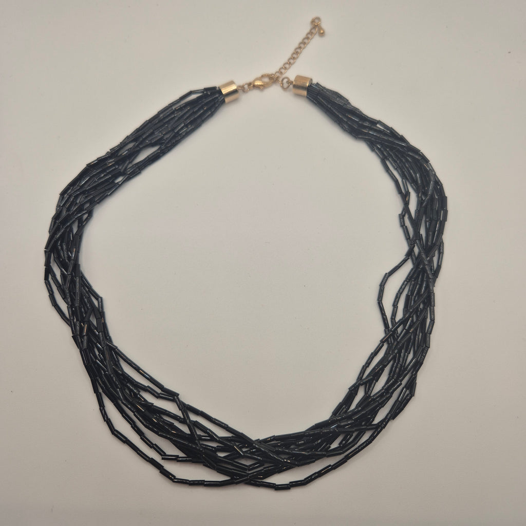 Vintage Statement-Kette | Schwarze Glasperlen | Mehrreihig